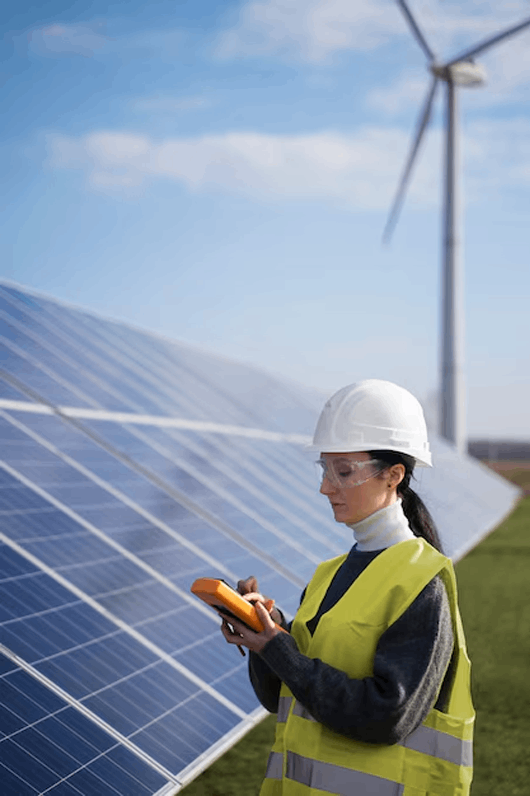 Mujer al lado de placas solares